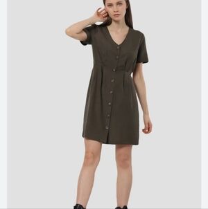 ONLY Olive Button-Front V-Neck Short Sleeves Mini Dress Medium